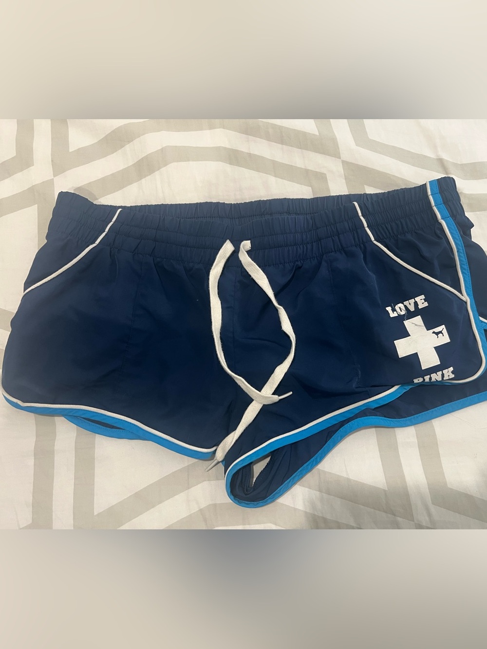 PINK VINTAGE Navy Blue Athletic Shorts with Light Blue Trim